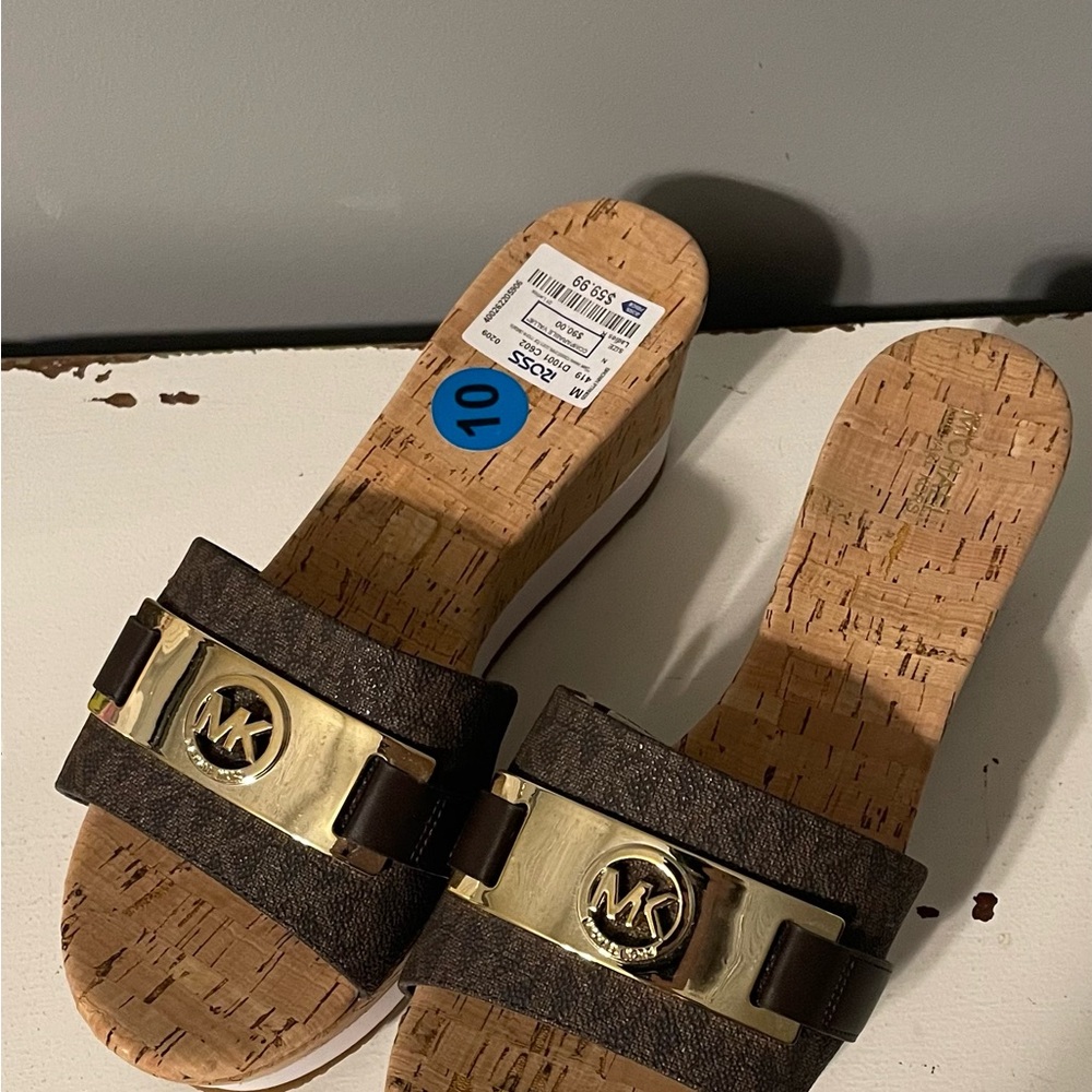 Michael Kors Gold Brown Cork Sandals